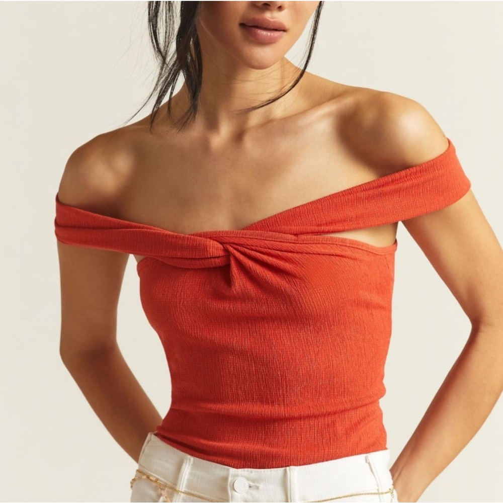 Anthropologie Maeve Off-The-Shoulder Twist Top in Coral